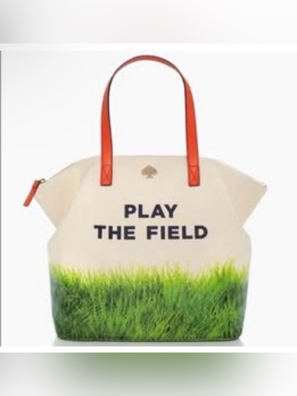 Kate Spade Cream Canvas Tote with Green Grass Print and Orange Handles EUC